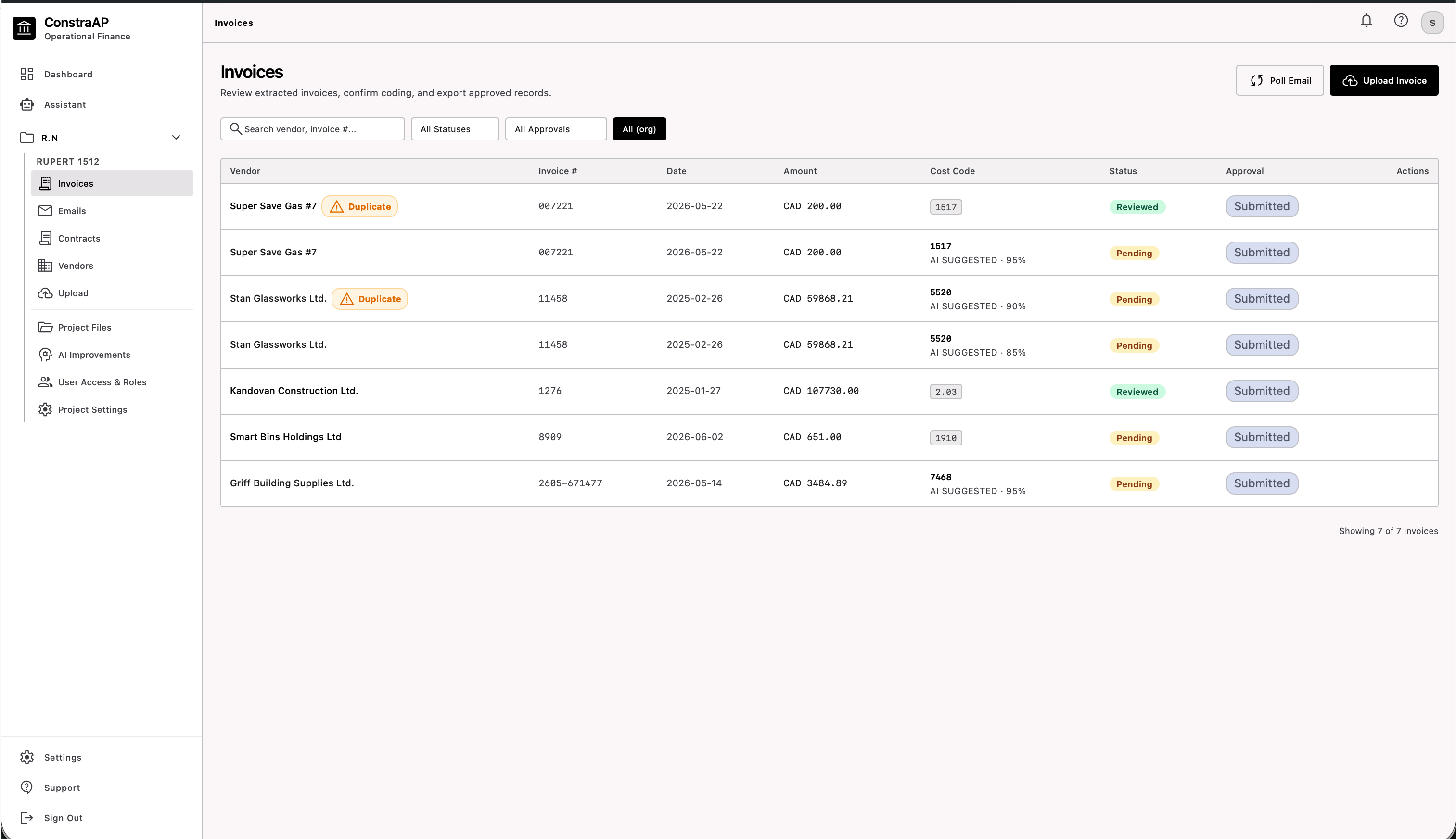ConstraAP invoices review screen