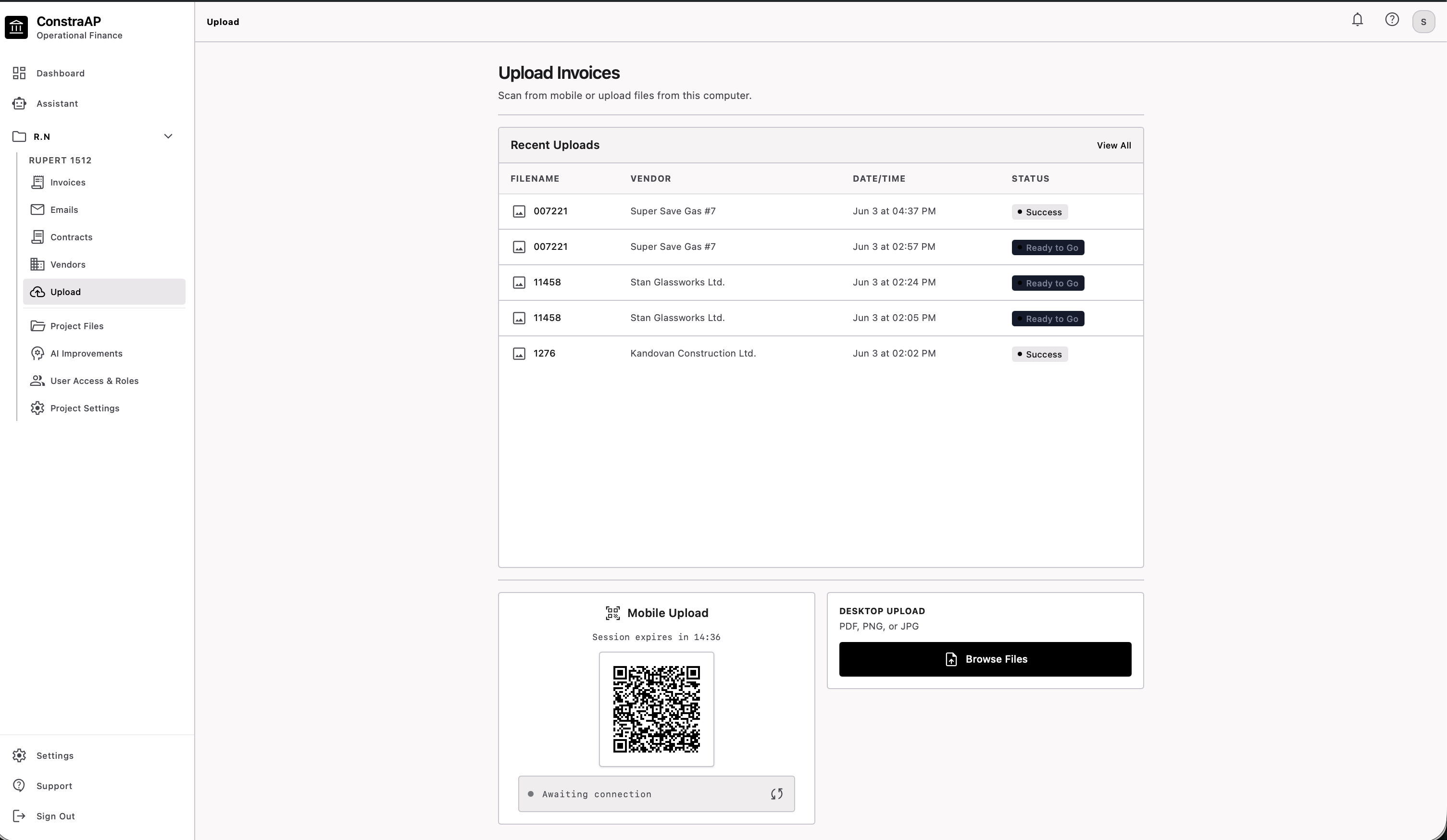 ConstraAP upload screen