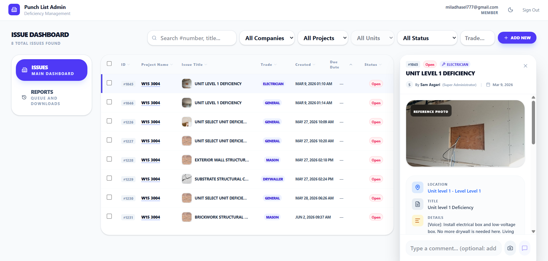 Punch List admin dashboard